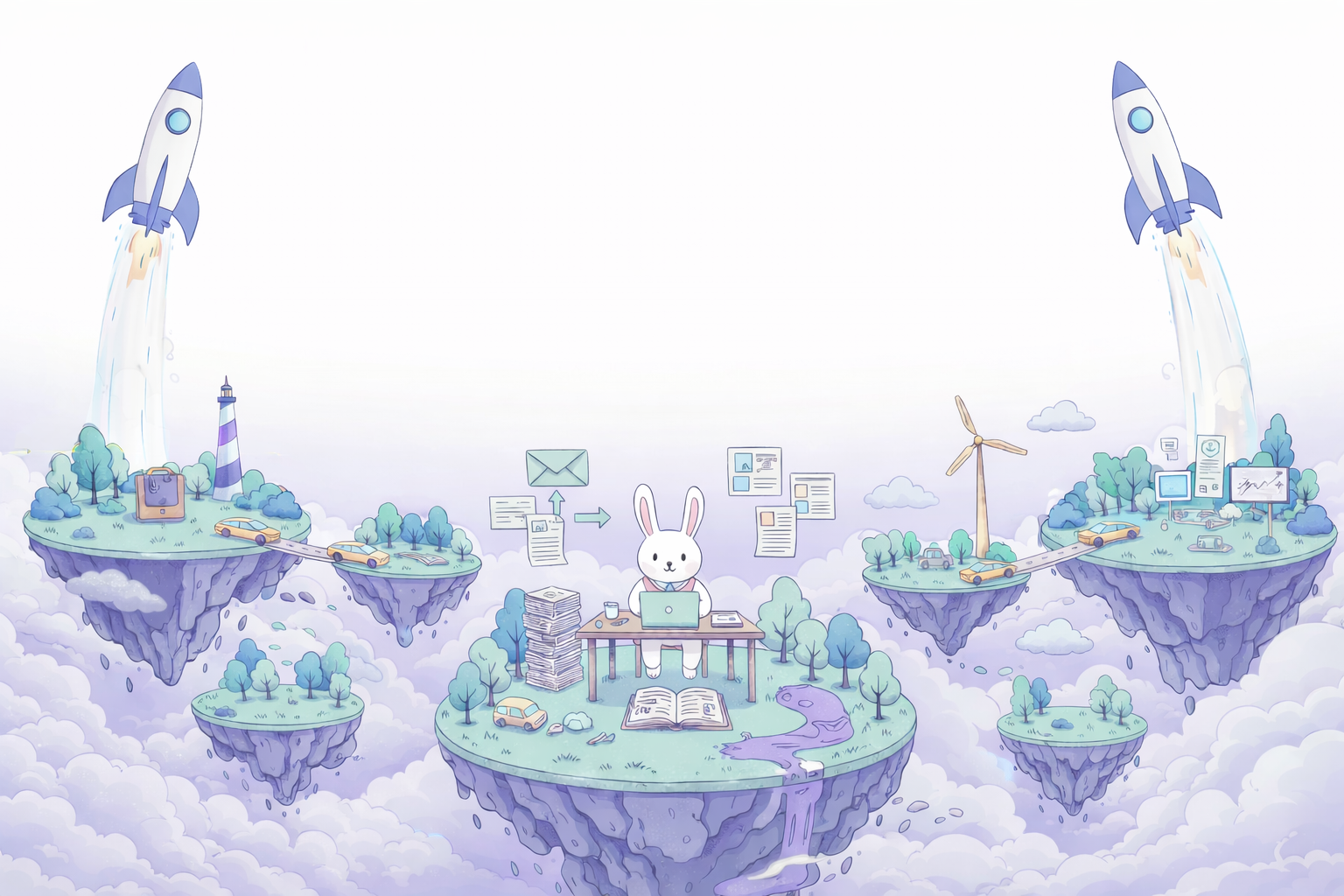 BunnyDesk illustration of a bunny working at a desk on a floating island
